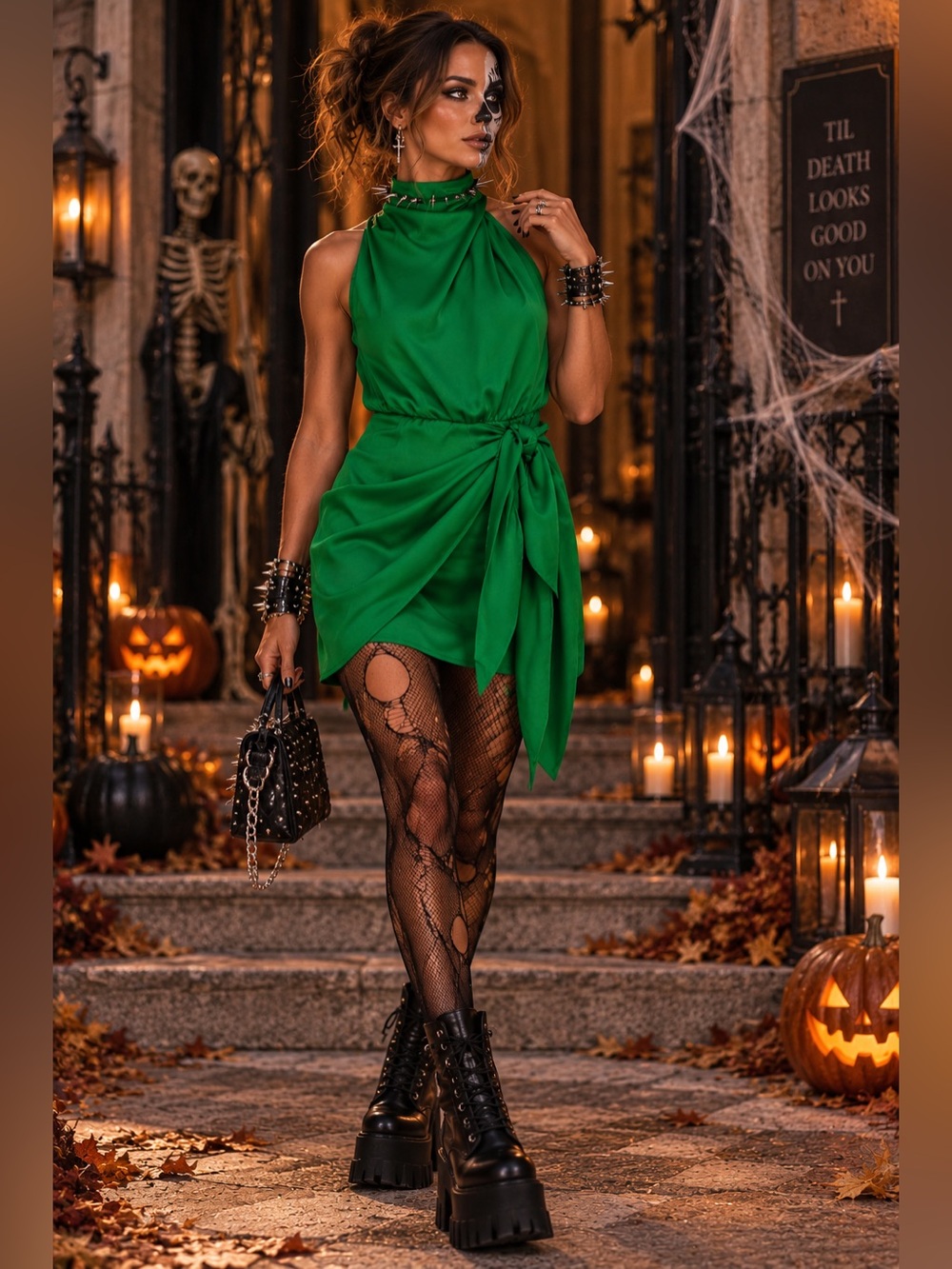 HALLOWEEN HOCO Party wedding Sleeveless Mock Neck Tie Waist Cocktail Dress XL